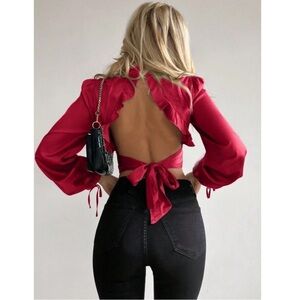 Satin Long Sleeve Puff Sleeve Open Back Red Top